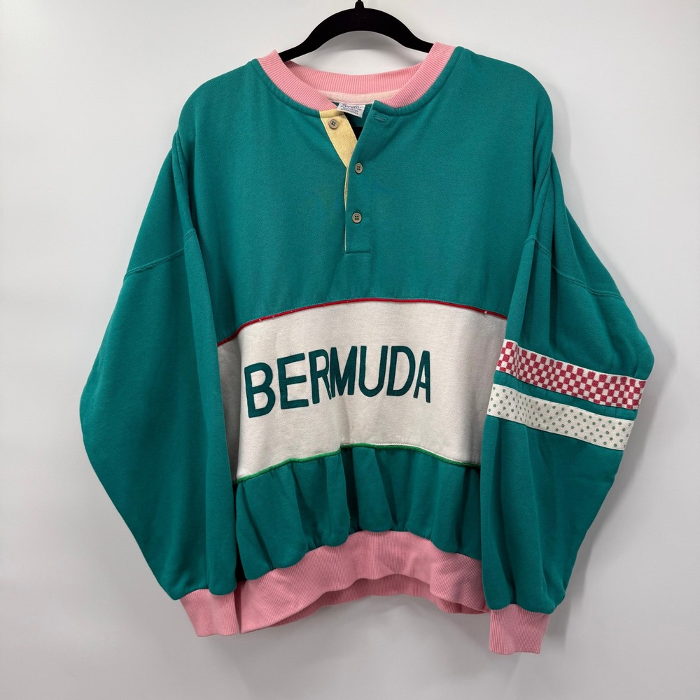 Capital Women XL Sweatshirt Teal Bermuda Vintage Colorblock Henley Graphic 90s